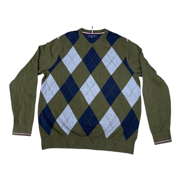 Tommy Hilfiger Argyle Cotton Crewneck Sweater in Olive & Navy Classic Style XXL - Picture 1 of 5